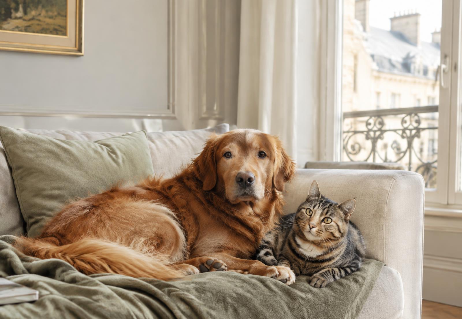 Chien et chat sur un canapé parisien